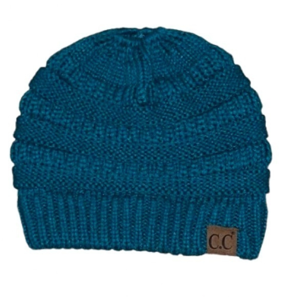 C. C teal knit beanie hat